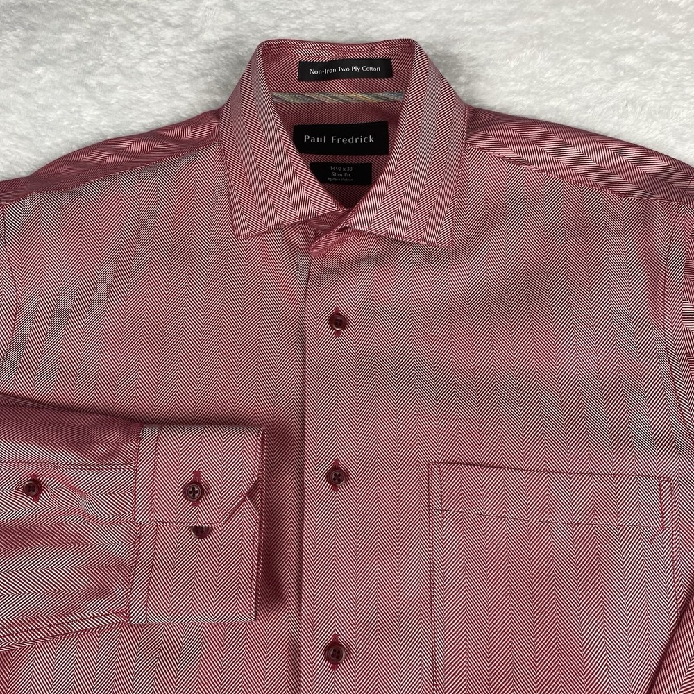 Paul Fredrick Dress Shirt Mens 14.5-33‎ Strawberry Herringbone Slim Fit No Iron